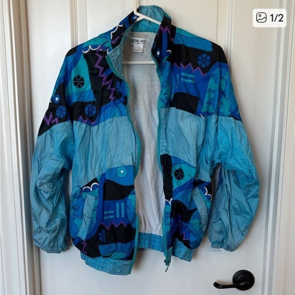 Euro Joy Vintage Windbreaker Jacket Size M 80s Colorful Geo Print Lined